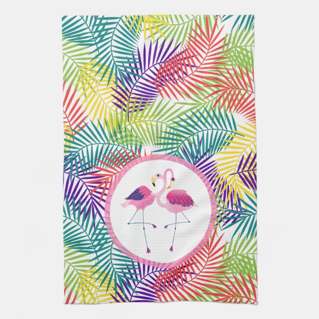 Stylized Tropical Palm Leafs & Pink Flamingos Kitchen Towel (Vertical)