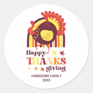 Stylized Turkey Groovy Rainbow Happy Thanksgiving Classic Round Sticker