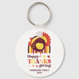 Stylized Turkey Groovy Rainbow Happy Thanksgiving Keychain