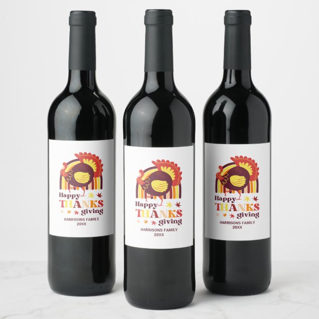 Stylized Turkey Groovy Rainbow Happy Thanksgiving Wine Label (Bottles)