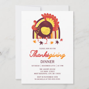 Stylized Turkey Groovy Rainbow Thanksgiving Dinner Invitation
