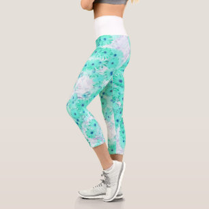 Stylized Turquoise Blue Flowers Nature Leggings