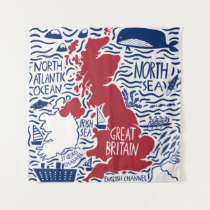 Stylized UK Map: Vintage Travel. Tapestry