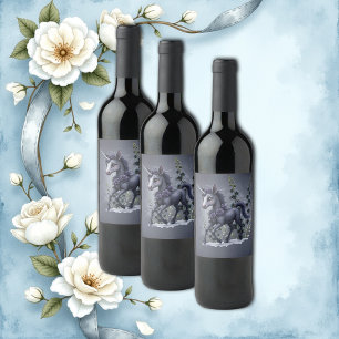 Stylized unicorn in floral splendour.  wine label