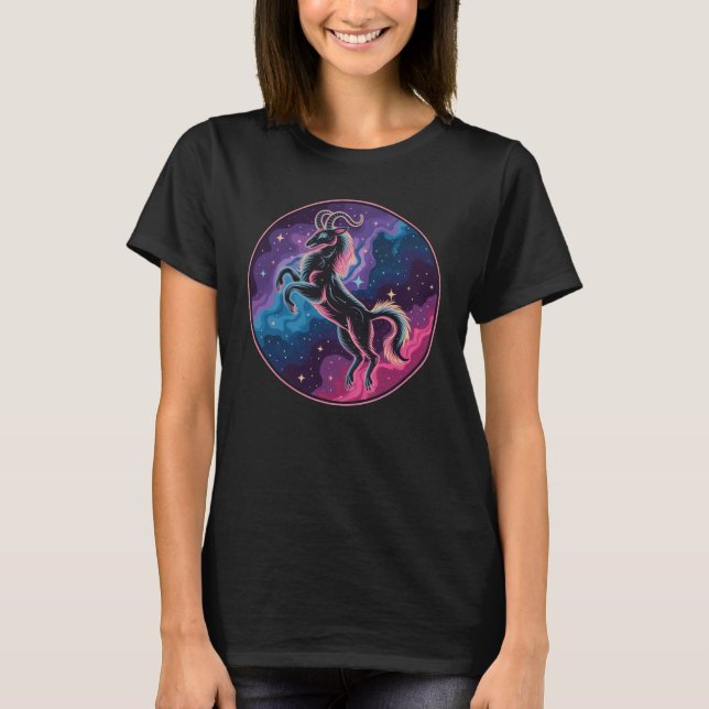 Stylized Vibrant Celestial Capricorn Goat T-Shirt (Front)