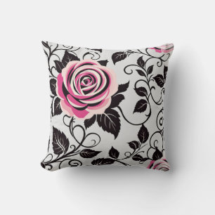 Stylized Vintage Pink and black roses Throw Pillow