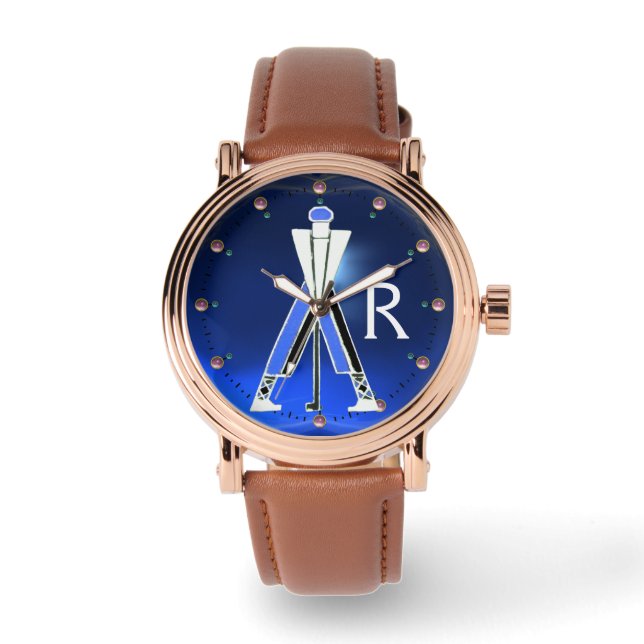 STYLIZED WHITE BLUE GOLFER,GOLF PLAYER MONOGRAM WATCH (Front)