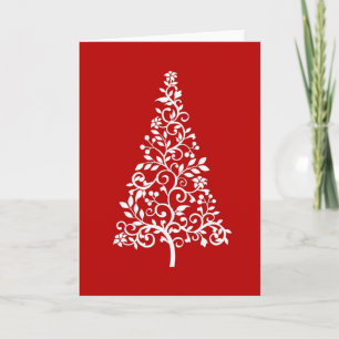 Stylized White Christmas tree on red holiday card