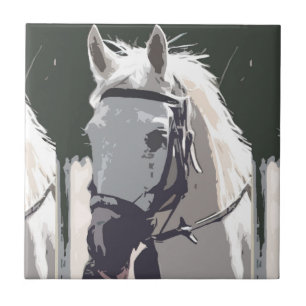 Stylized White Horse Head Sketch Tile