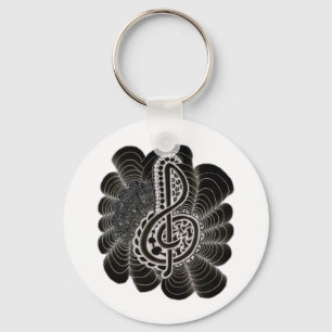 Stylized White on Black Treble Clef Music Doodle Keychain
