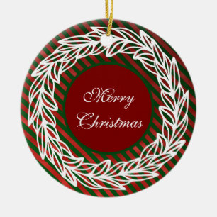 Stylized White Wreath on Red and Green Stripes Ceramic Ornament