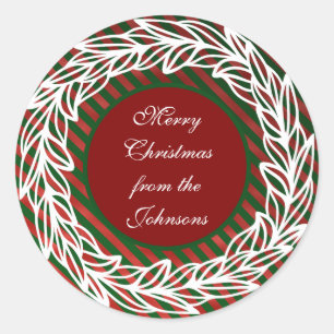 Stylized White Wreath on Red and Green Stripes Classic Round Sticker