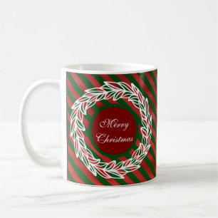 Stylized White Wreath on Red and Green Stripes Coffee Mug