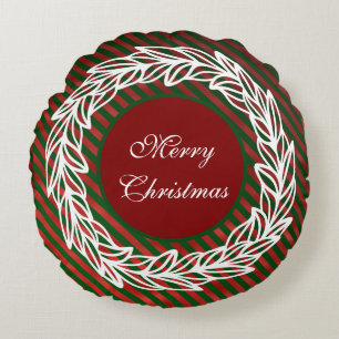Stylized White Wreath on Red and Green Stripes Round Pillow
