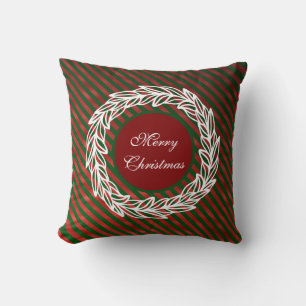 Stylized White Wreath on Red and Green Stripes Throw Pillow