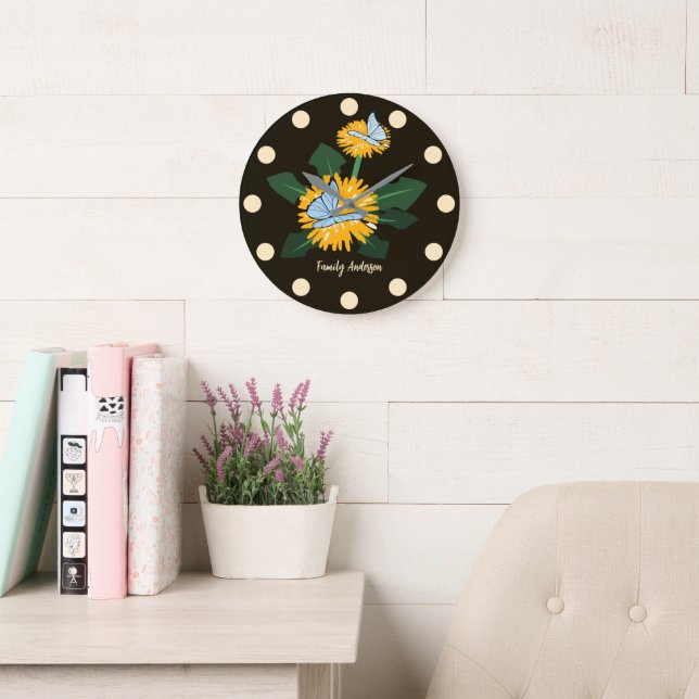 Stylized Wild Dandelion Butterflies Yellow  Large Clock (Reading Room)