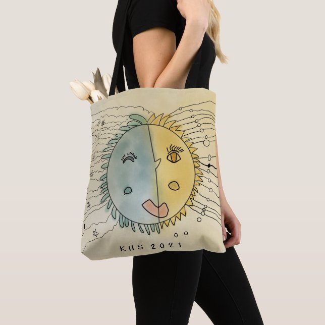 Stylized winking Sun and Moon plus Stars Tote (Close Up)