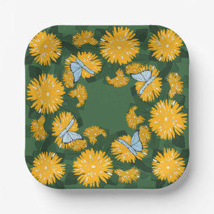 Stylized Yellow Wildflower Dandelion Butterflies Paper Plate