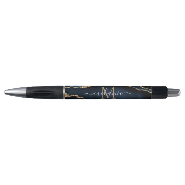 Stylo Agate Marine Blue Gold Gemstone Marble Nom du mono (Devant)