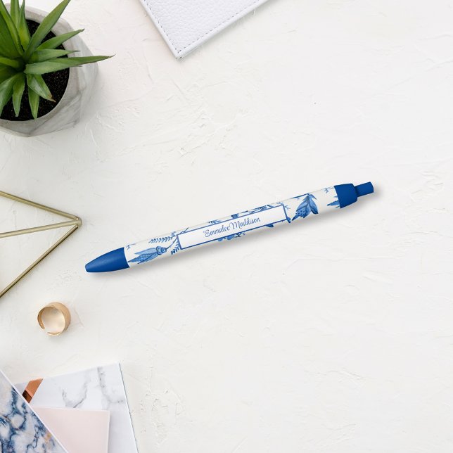 Stylo Bleu Blanc Bleu Chinoiserie Monogramme Vin Floral (Créateur téléchargé)