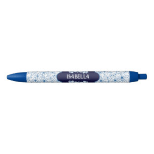 Stylo Bleu Joli nom personnalisé floral bleu et blanc de camp