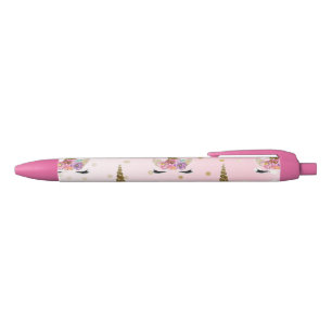 Stylo Bleu Licorne Filles Corne Florale Paillettes Rose & Or