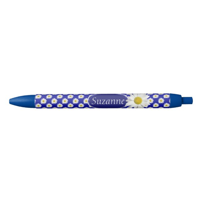 Stylo Bleu Marguerites heureuses avec le nom personnel (Devant)