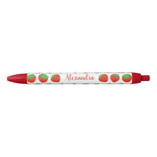 Stylo Bleu Nom personnalisé Monogram Red Strawberry