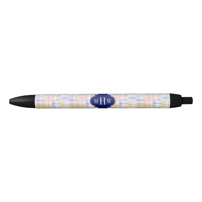 Stylo Bleu Pastel Patchwork Madras Navy Quatrefoil Monogramme (Devant)