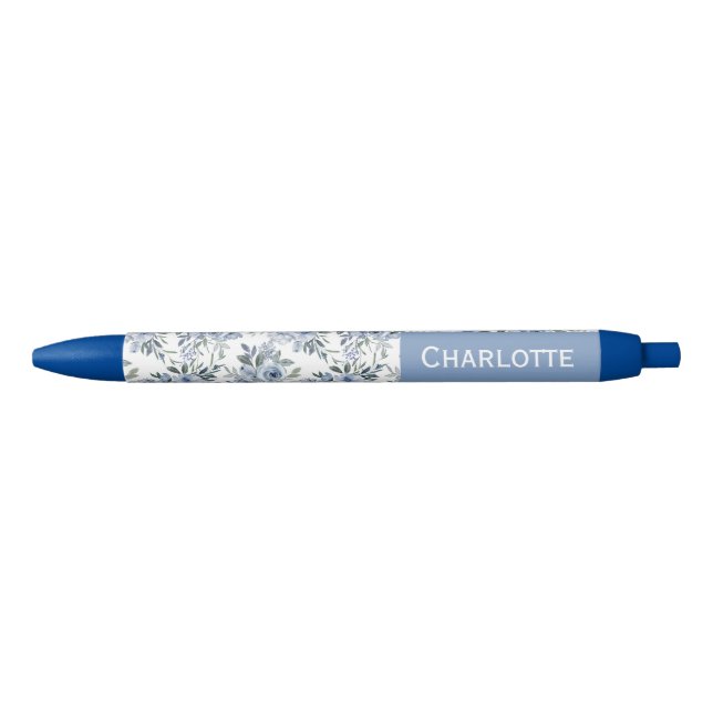 Stylo Bleu Watercolor Blue Flowers Custom Name  (Devant)