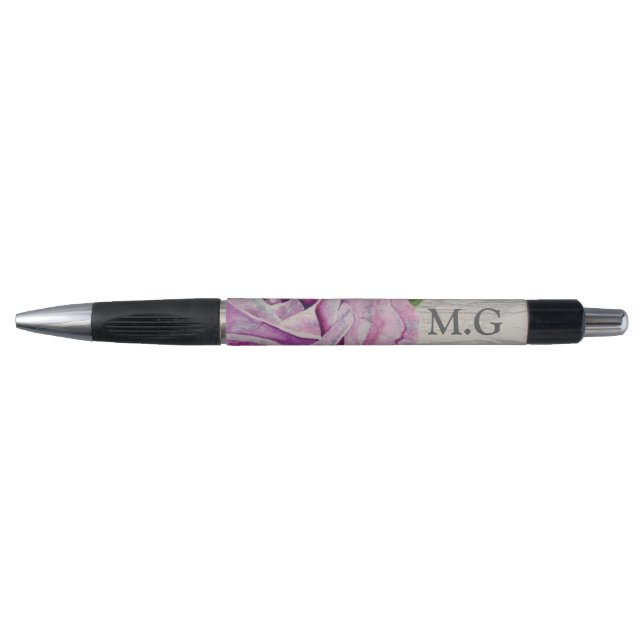 Stylo Bois rustique Aquarelle violet Rose Monogramme (Devant)