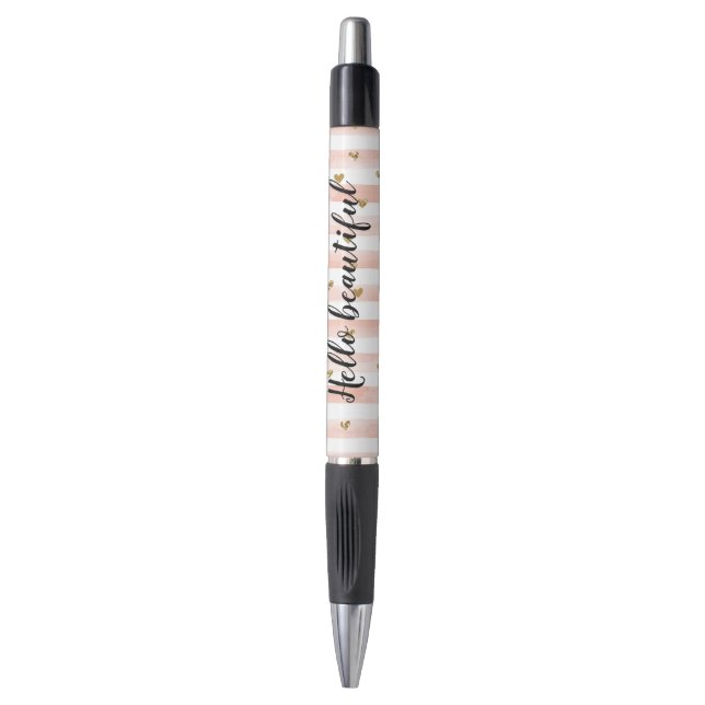 Stylo Coeurs dorés à rayures roses (Devant (Vertical))