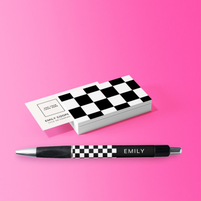 Stylo Damier de dames moderne Ajouter un nom Noir Blanc (Créateur téléchargé)