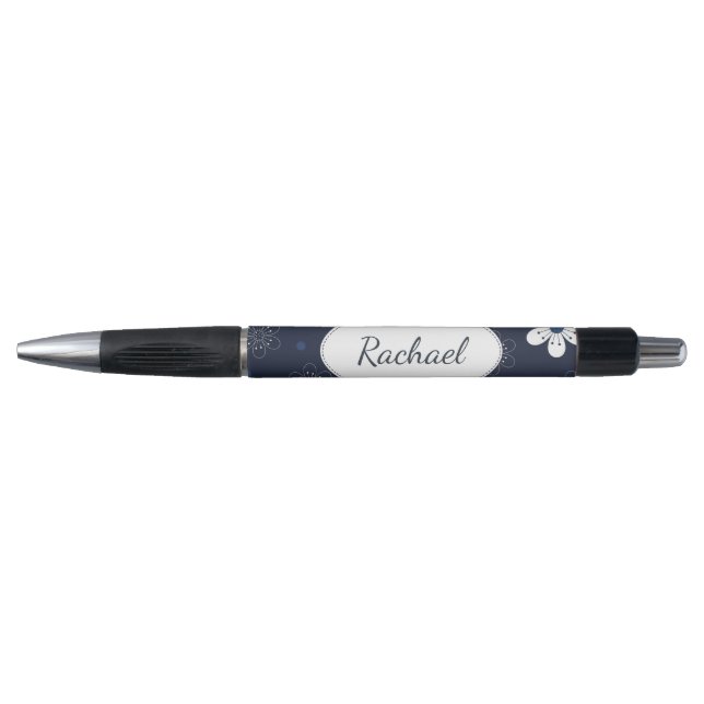 Stylo Dark Blue Flowers and Dots Pattern Personalised (Devant)