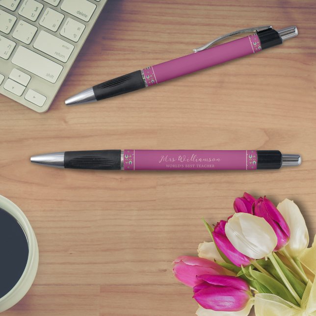Stylo d'enseignant floral moderne brillant (Bright Modern Floral Teacher's Pen. Say thank you with this personalised gift.)