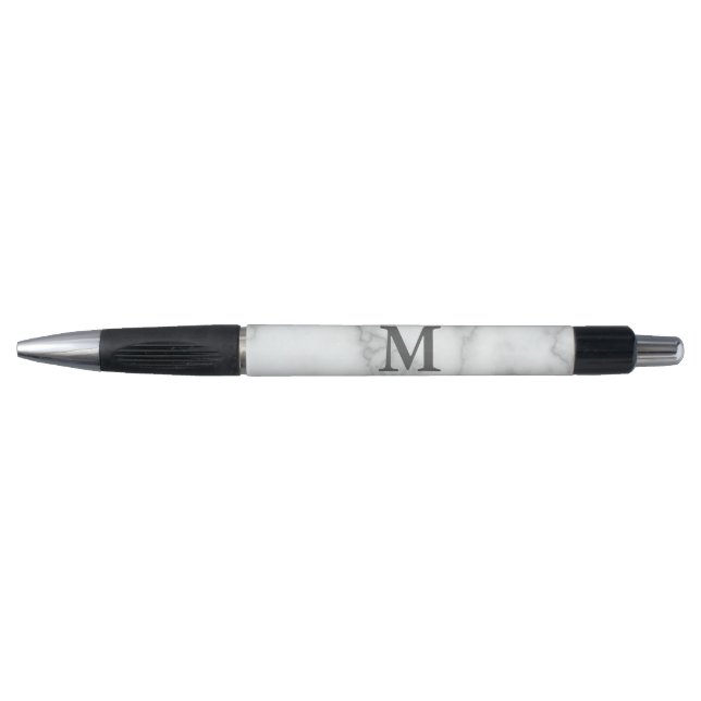 Stylo Elégant Faux Marbre blanc Grey Nom et Monogramme (Devant)