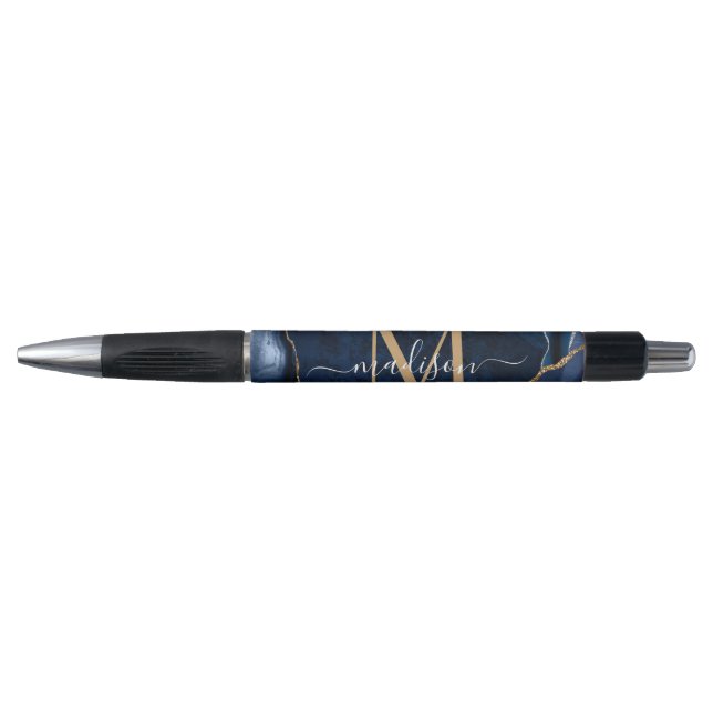 Stylo Elégant Marine Blue Gold Agate Géode Chic Monogram (Devant)