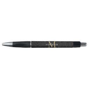 Stylo Élégant Monogramme Floral Or Noir