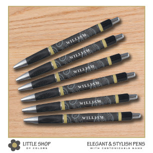 Stylo Élégant monogramme paisley noir et or