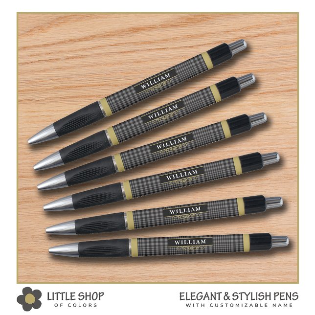 Stylo Élégant Plaid Glen Noir Or Gris Monogramme (Créateur téléchargé)