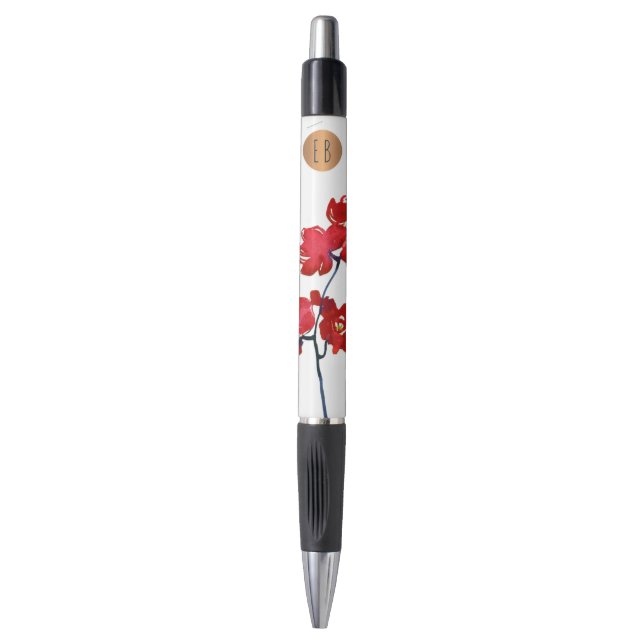 Stylo Fleur aquarelle rouge monogrammé cercle de cuivre (Devant (Vertical))