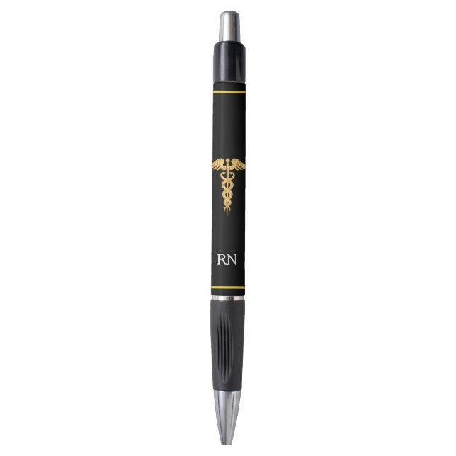 Stylo Infirmière Monogramme & Golden Caduceus sur Noir (Devant (Vertical))