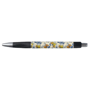Stylo Jaune Orange Floral Vintage Folk Bleu Feuille