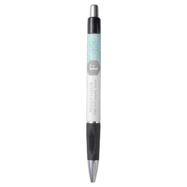 Stylo La rétro turquoise élégante et le monogramme gris (Devant (Vertical))