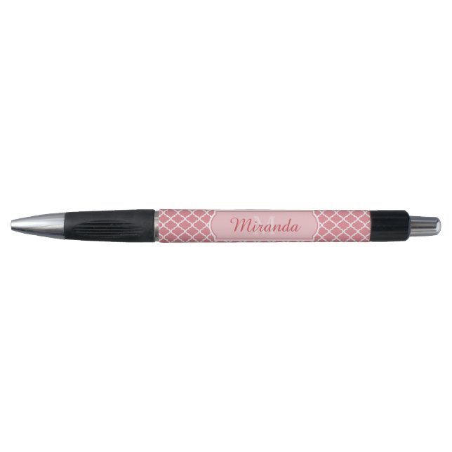 Stylo Monogramme de Quatrefoil Rose Chic Avec Nom (Devant)