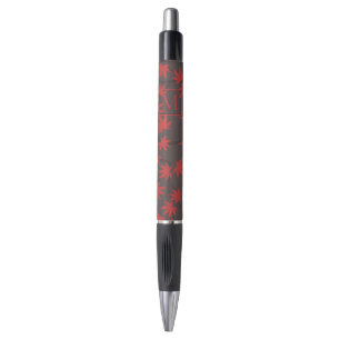 Stylo Monogramme Moderne Feuille d'Érable Rouge Grise
