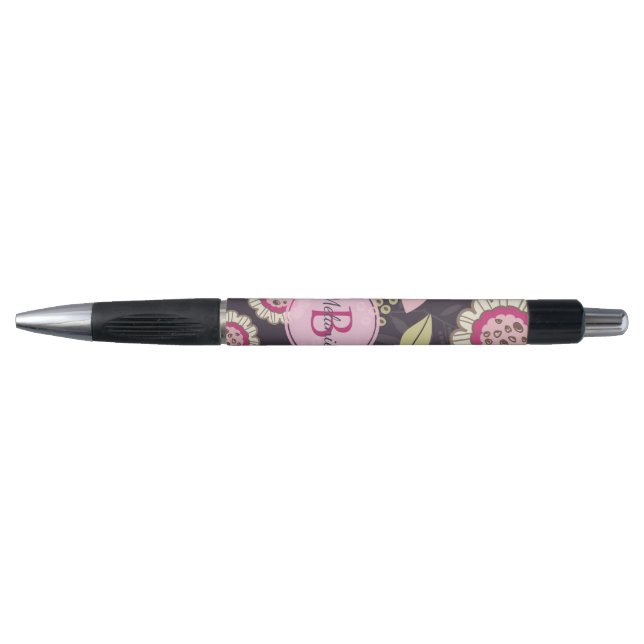 Stylo Monogramme Motif de tulipe rose (Devant)