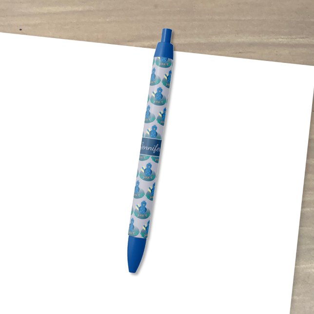 Stylo Motif bleu Whimsical Bird avec nom (Blue whimsical bird pattern personalized pen . )