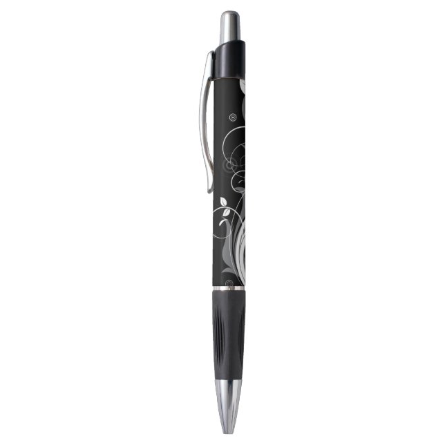 Stylo Motif floral gris sur le noir (Haut (Vertical))