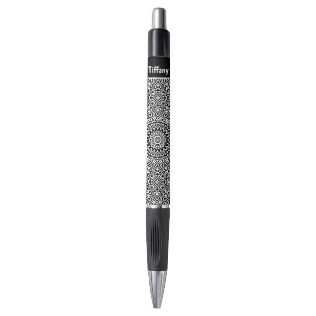 Stylo Motif Mandala noir et blanc avec nom (Devant (Vertical))